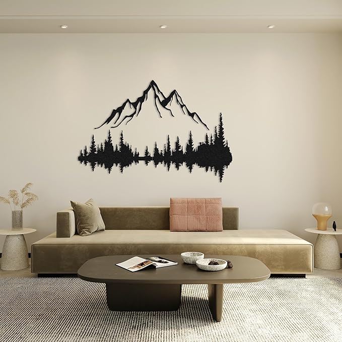 Mountain Lake Forest Large Metal Wall Art Black Minimalist Nature Silhouette Wall Decor Outdoor Landscape Wall Sculpture for Living Room, Bedroom, Kitchen or Office (Black, 24W'' x 16L'', Unframed)
