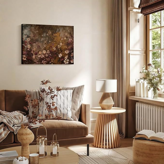Framed Vintage Wildflower Wall Decor Dark Wildflower Print Country Floral Canvas Painting Nature Botanical Scenery Wall Decor for Farmhouse Living Room or Bedroom 12x16 Inch