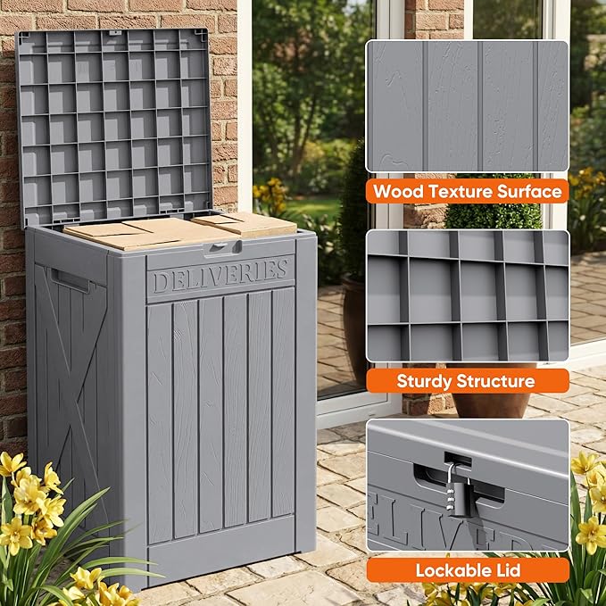 Flamaker 50 Gallon Deck Box, Package Delivery Box for Outside, Outdoor Package Drop Container for Gifts, Waterproof Plastic Storage Container with Lockable Secure for Porch (Gray)