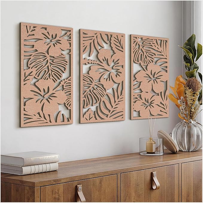 VIYYIEA Boho Solid Wood Carved Wall Art Set of 3, Geometric Minimalist Wooden