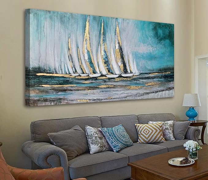 Anolyfi Blue Abstract Canvas Wall Art Teal Ocean Sailboat Picture Modern