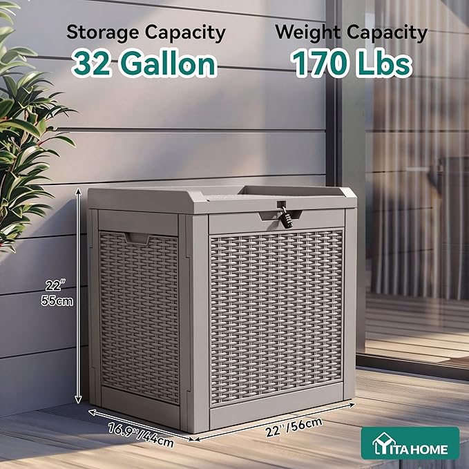 YITAHOME 32 Gallon Outdoor Storage Box, 2-Pack Water Resistant Resin Deck Box, Indoor Outdoor Lockable Storage Container for Patio, Garden, Cushions, Tools, Equipment (Brown)