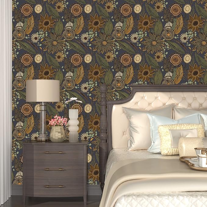Boho Wallpaper Peel and Stick, Vintage Blue Yellow Floral Contact Paper