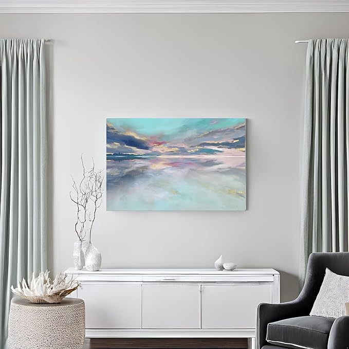 Goldfoilart Beach Abstract Wall Art Teal Green and Gold Decor Ocean Canvas