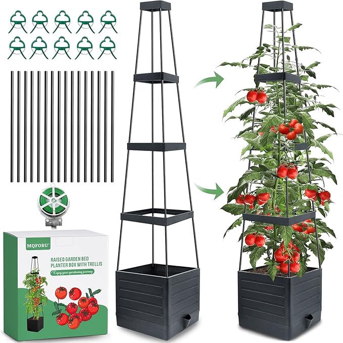 MQFORU Raised Garden Bed, 57" Tomato Planter with Trellis, Tomato Cages for Climbing Vegetables Plant, Self Watering Tomato Support Box for Garden Pots, Use for Patios Greenhouse Indoor Outdoorï¼1Pcï¼