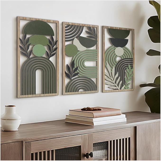 VIYYIEA Boho Solid Wood Carved Wall Art Set of 3, Geometric Minimalist Wooden