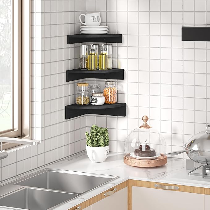 Alsonerbay Black Corner Shelf Wall Mount, Rustic Wood Shelves