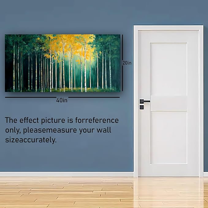 40x20 Inch Birch Tree Canvas Wall Art, Large Panoramic Autumn Forest Painting, Textured Green & Yellow Landscape Wall Decor, Framed Modern Nature Artwork for Living Room Bedroom Office Home Decoration