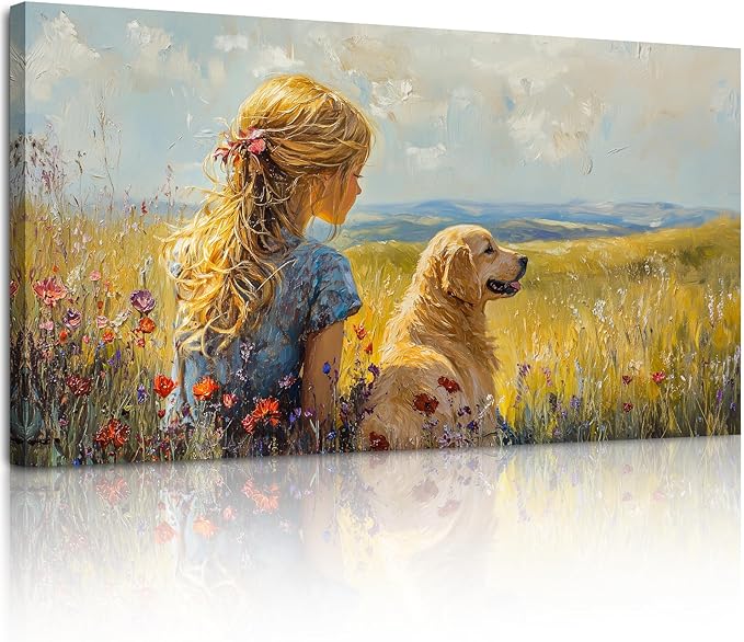 SERIMINO Portrait Landscape Wall Art, Lady and Dog Large Wall Decor, Animal Golden Retriever Cute Canvas Prints, Meadow Wildflowers Rustic House Decorations Living Room Bedroom Bathroom 24"X48"