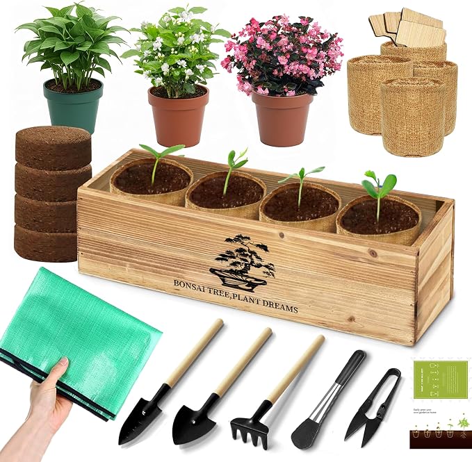Premium Bonsai Kit,Complete Bonsai Starter Kit with Wooden Gift Box,repotting mat, Burlap Pots & Gardening Tools, DIY Bonsai Plant Set for Adults & Beginners (Seeds Excluded)Birthday Thanksgiving gift