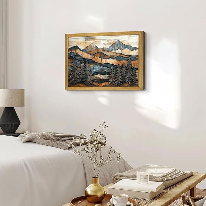 Vintage Boho Mountain Wall Art, Framed Landscape Canvas Wall Art, Nature Forest