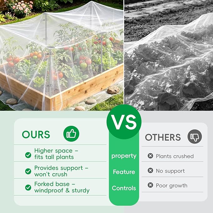 Metal Garden Netting Covers Kit for Raised Beds, 6 Pack 5.2FT Garden Poles Support Stakes with 10×13FT Insect Pest Barrier Plant Netting Mesh & 12 Clips for Vegetable Fruit Flower Garden Protection