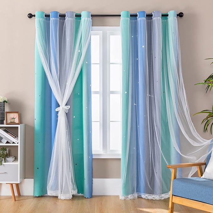 XiDi Blue Blackout Curtains for Boy Rooms Green Curtains for Bedroom Grey