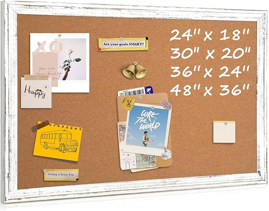 Cork Board Bulletin Board, Rustic White Wooden Frame, Hanging Pin Board