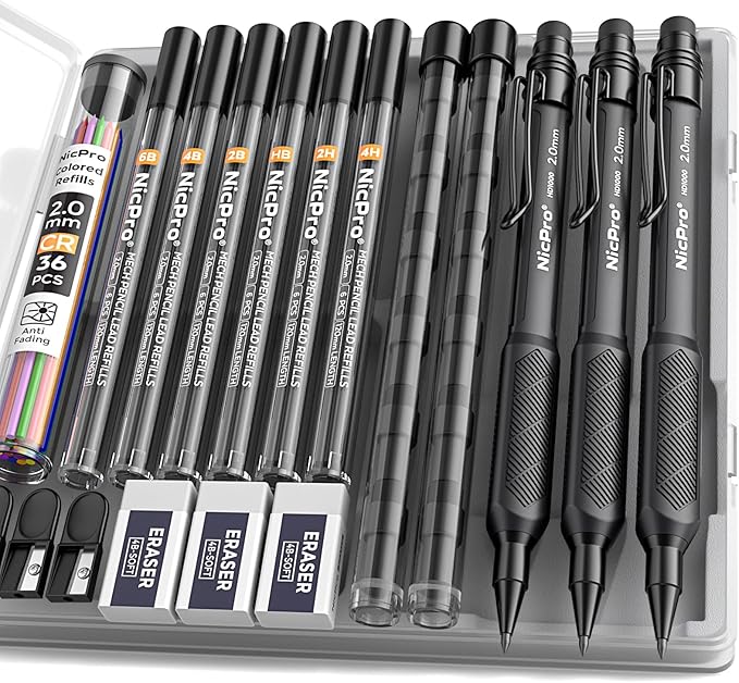 Nicpro 2.0 mm Mechanical Pencil Set, 3PCS Artist Lead Pencil Holder 2mm with 72PCS Lead Refills (4H 2H HB 2B 4B 6B Color) Eraser, Weatherproof Barrel for Outdoor Writing Drafting Drawing Sketching