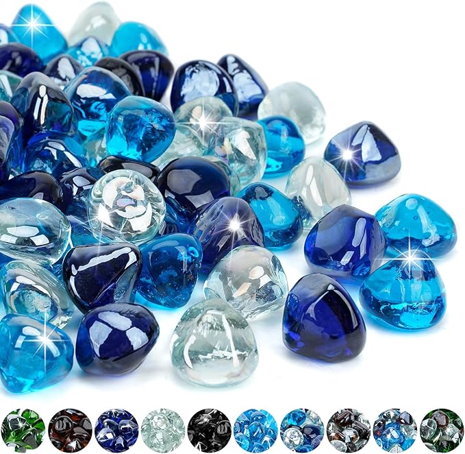 Mr. Fireglass 10 Pounds Blended Fire Glass Diamonds for Fireplace Fire Pit & Lanscaping - 1 inch High Luster Fire Rocks with Mixed Colors (Cobalt Blue++Crystal Ice+Caribbean Blue)