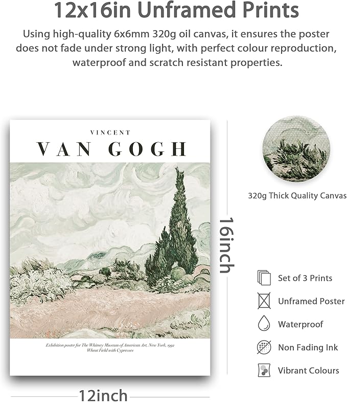HesenDot Unframed Vintage Van Gogh Exhibition Posters Set of 3, French Country