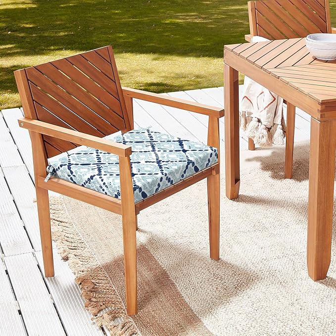 LVTXIII Outdoor Chair Cushions 18.5"x16"x2" Pack of 2, Water-Repellent Square Corner Memory Foam Seat Cushions with Ties for Garden Patio Furniture, Boho Geometry Blue