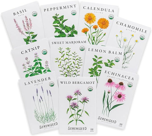 Sereniseed Certified Organic Herbal Tea Seed Collection (10-Pack) â 100% Non GMO, Open Pollinated â Grow Guide