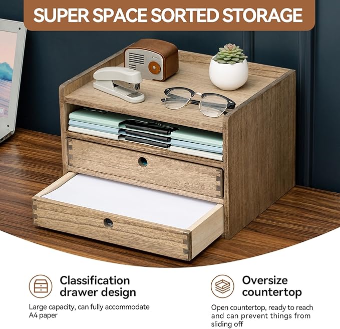 KIRIGEN Desktop Organizer Cabinet With 2 Drawers & Tray - Wood Office Desk Storage Shelf for Office Supplies - Small Cabinet for Countertop Accessories Storage 3 Layer Dark Brown（DT3D2C-DBR）