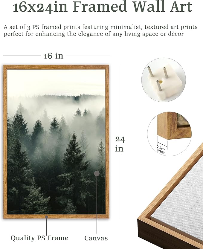 UPWOIGH Large Framed Canvas Wall Art, Set of 3 Foggy Forest Decor, 16x24 in Minimalist Natural Cotton Posters, Misty Forest Triptych, Green Botanical Modern Aesthetic for Living Room, Bedroom, Office