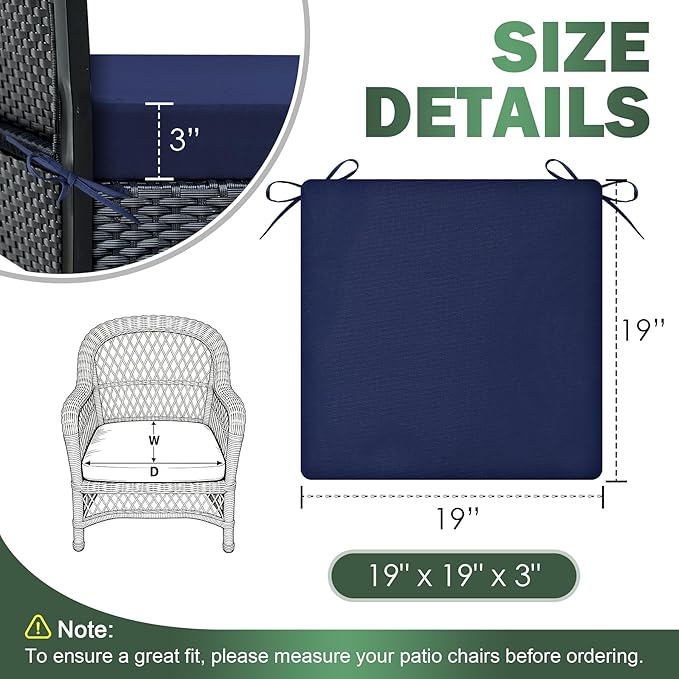 Outdoor Chair Cushions set of 4, 19x19x3 Inch Waterproof & Fade Resistant Patio Furniture Seat Cushions with Ties, Square Outdoor Dining Chair Cushions for Lawn, Garden, Deck & Yard, Navy Blue