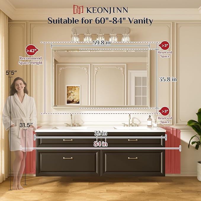 Keonjinn 60" x 36" Gold Bathroom Mirrors