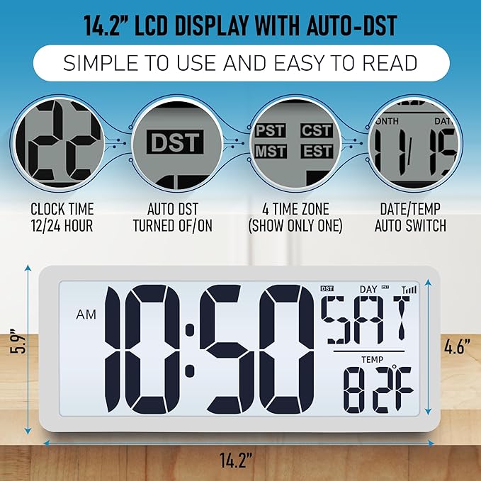 TXL Atomic Clock with Backlight, 14.2" Digital Wall Clock, Battery Operated