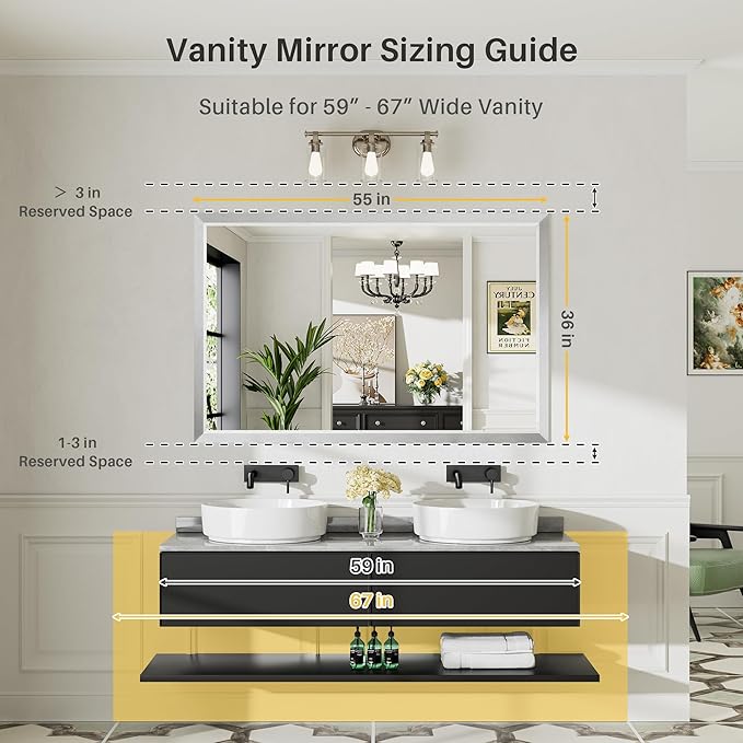 55x36 Inch Brushed Silver Bathroom Mirror