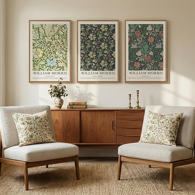 Large Framed William Morris Green Wall Art Set of 3, Vintage Floral Canvas