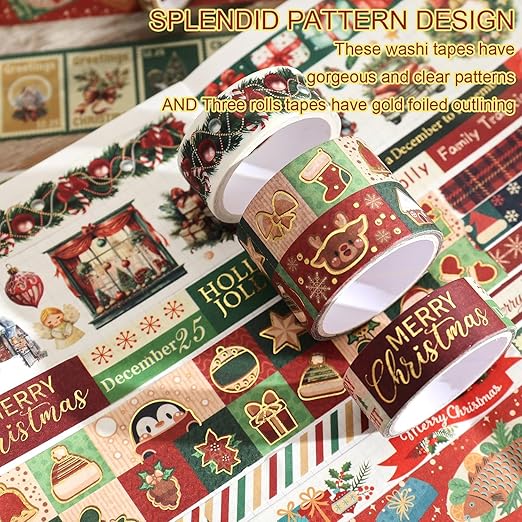 25 Rolls Christmas Gift Washi Tape Set, Festivals New Year Decorative Tapes for Scrapbooking, Junk Journal supplies, DIY Crafts Gift, Party Decorations, Bullet Journaling, 5-50mm Wide 9.84ft long/Roll