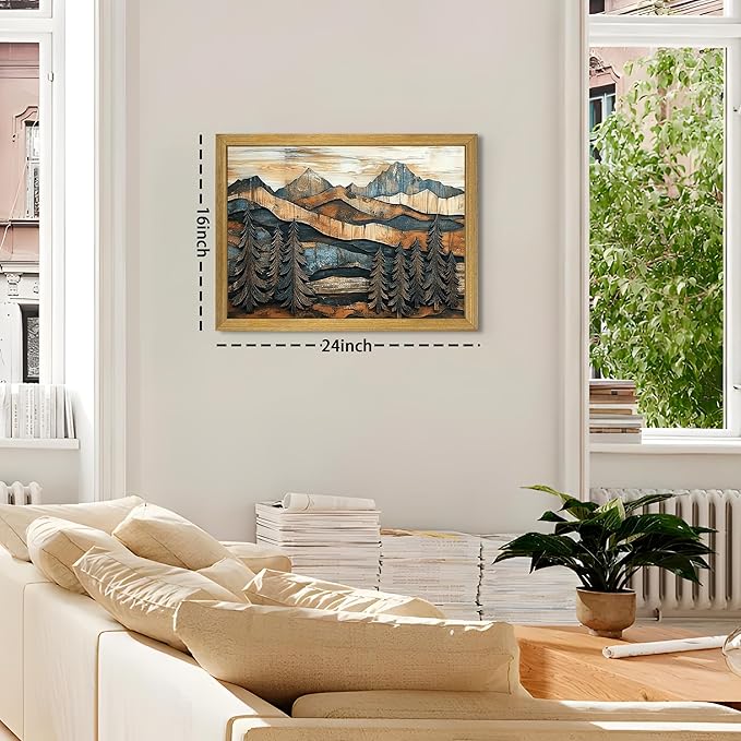 Vintage Boho Mountain Wall Art, Framed Landscape Canvas Wall Art, Nature Forest