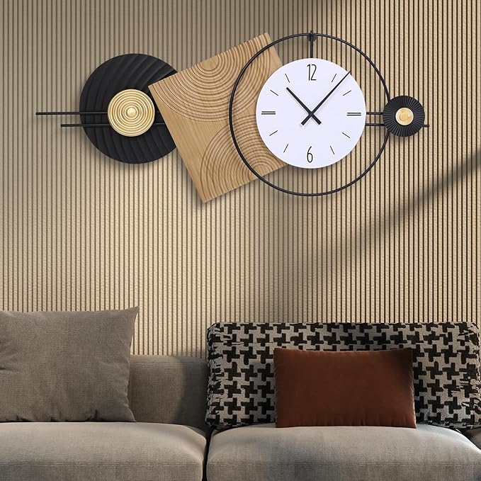 37.7X21Inch Large Modern Wall Clock Geometric Dial-Solid Wood Metal Frame