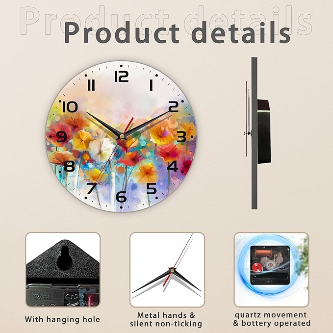 Clock for Living Room, Vintage Wild Floral Wall Clock Vintage Wooden Wall Clock