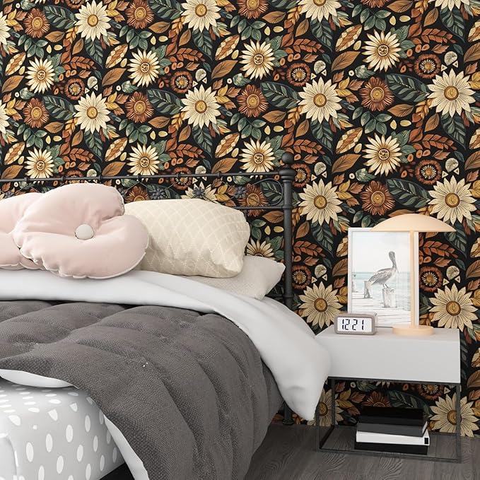 Vintage Boho Wallpaper Peel and Stick, Retro Flower Botanical Wall Paper Self