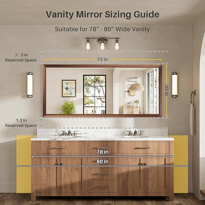 72x32 Inch Bathroom Mirror for Wall, Anti-Rust Walnut Wood Grain Metal Framed