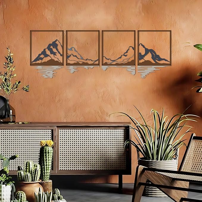 ESTART 4 Pcs Metal Mountain Wall Art, Large Mountains Wall Decor, Mountain Forest Decorative Painting Suitable For Living Room Bedroom Office Indoor And Outdoor (Mountains Rivers Large)