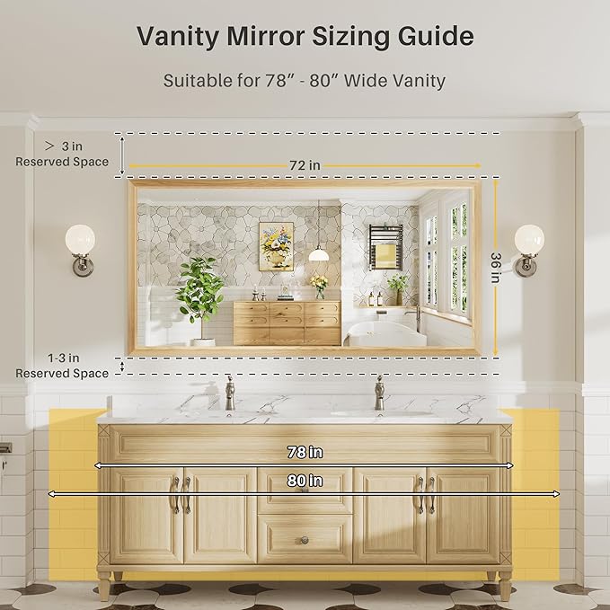 72x36 Inch Bathroom Mirror for Wall, Anti-Rust Oak Wood Grain Metal Framed