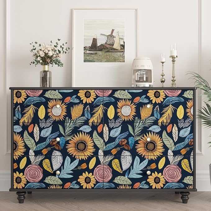 Blue Wallpaper Peel and Stick, Vintage Boho Floral Contact Paper, 17.5" x