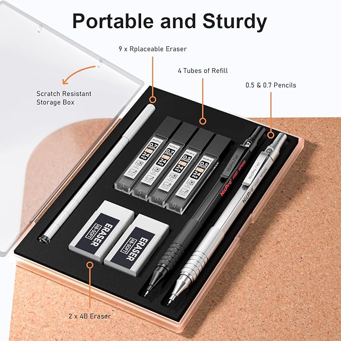 Nicpro 2 PCS Mechanical Pencils 0.5mm & 0.7 mm with Case, MP1000 Metal Artist Pencil Set with 4 Tubes HB Lead Refills, 2 Erasers, 9 Eraser Refills For Art Writing Drafting Drawing, Black & Silver