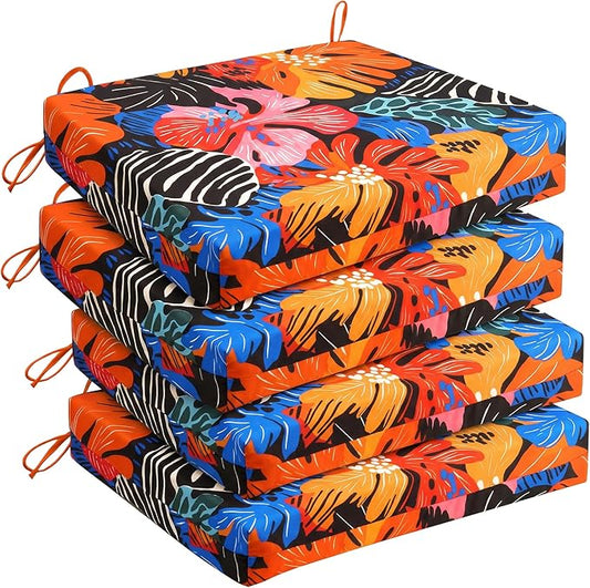 UNIKOME Outdoor Chair Cushions Pack of 4, Water Resistant Patio Cushions with Ties, High Density Sponge Filling Square Corner Seat Cushions for Outdoor Furniture, 24"*24"*4", Colored Flower