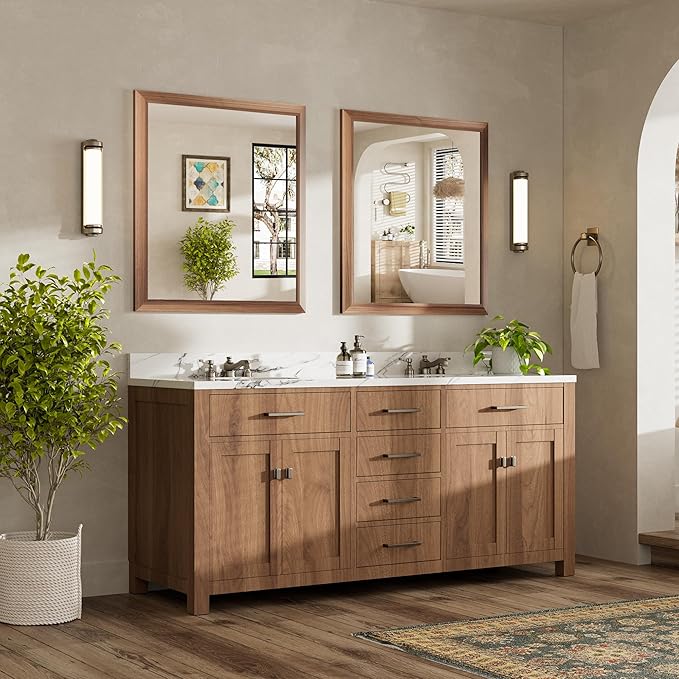 36x32 Inch Bathroom Mirror for Wall, Anti-Rust Walnut Wood Grain Metal Framed
