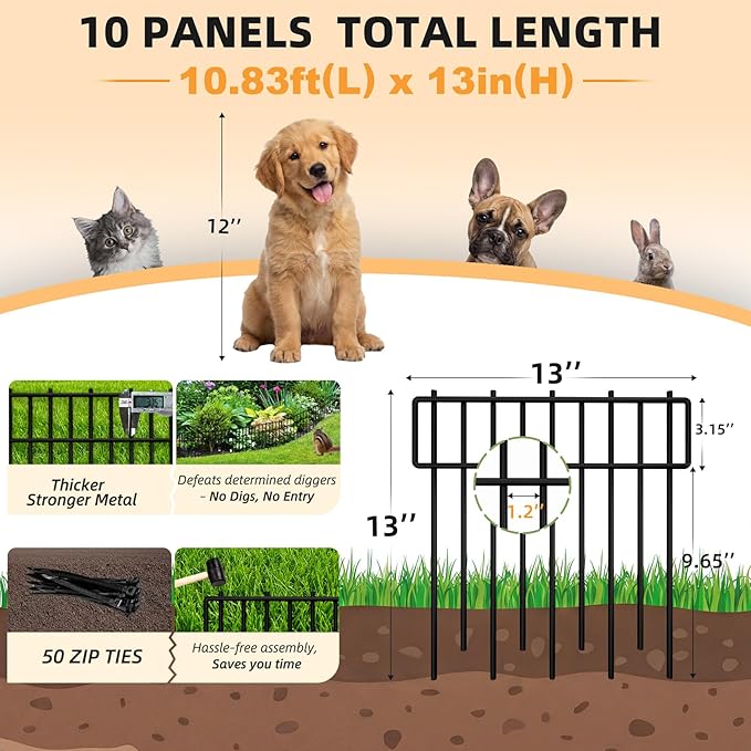 Heavy-Duty Garden Animal Barrier Fence - 3.75mm Thick, 1.2" Small Gap, 10 Pack Rustproof No Dig Panels for Yard, Garden, Dogs, Cats, Rabbits, Flower Beds,Patio, Deck, Vegetable Beds, Outdoor Enclosure