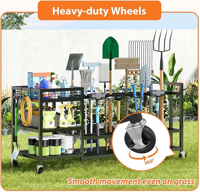HavenlyYouth Garden Tool Organizer with Wheels-Movable Garden Tool Rack with Storage Hooks for Long-Handled Tools/Rakes/Brooms/Shovels,Heavy Duty Metal Garden Tool Storage for Garage,Shed,Garden,Black