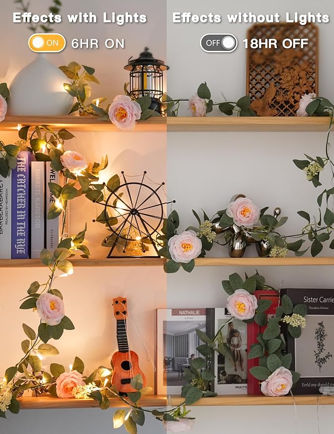 suddus Flower Garland with Pink Camellia Fairy Lights Indoor, 60 LED Vines