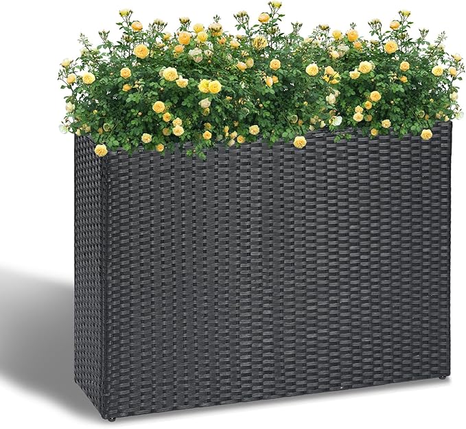 LEWIS&WAYNE Large Rectangular Block Planter Box Handmade Wicker Tall Planters for Outdoor Plants with Removable Liners Modern Planter for Indoor Outdoor Patio Deck - Black, 38''x11''x30''