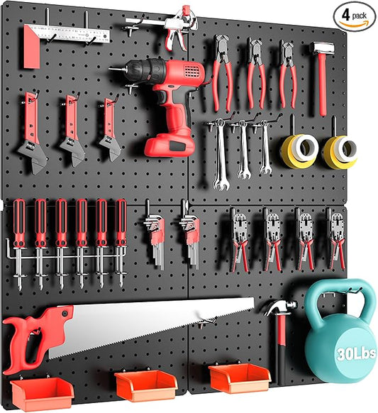Peg Board, Total 32” x 32”, 4 Pack Black Peg Board Panels, 50lbs Load Capacity