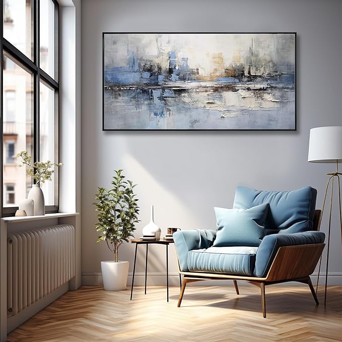 Abstract Wall Art Blue and White Reflection Large Size Framed Artwork Wall