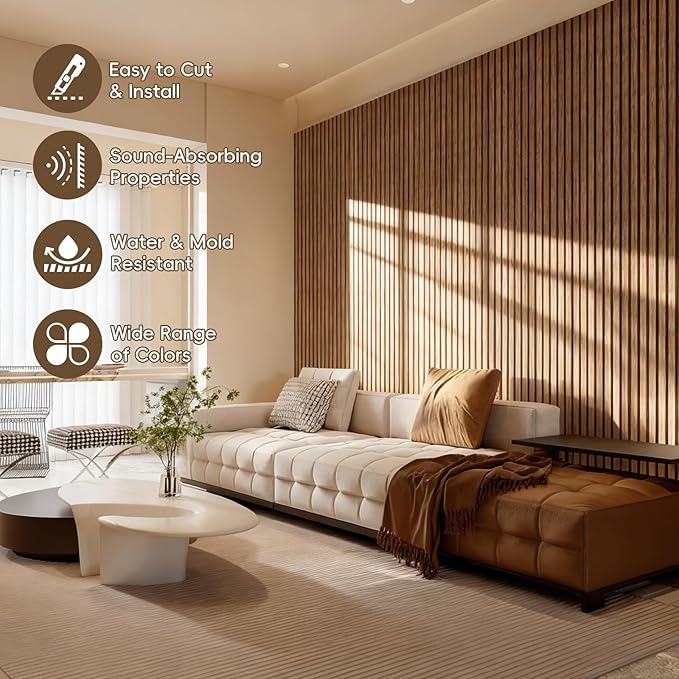 EVERECO 6 Pack Wood Slat Acoustic Wall Panels 92.5" × 7.87", 3D Sound Absorbing