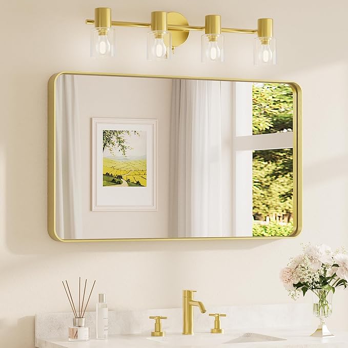 TETOTE Brushed Gold Bathroom Mirror, 40 x 24 Inch Metal Framed Mirror, Brushed